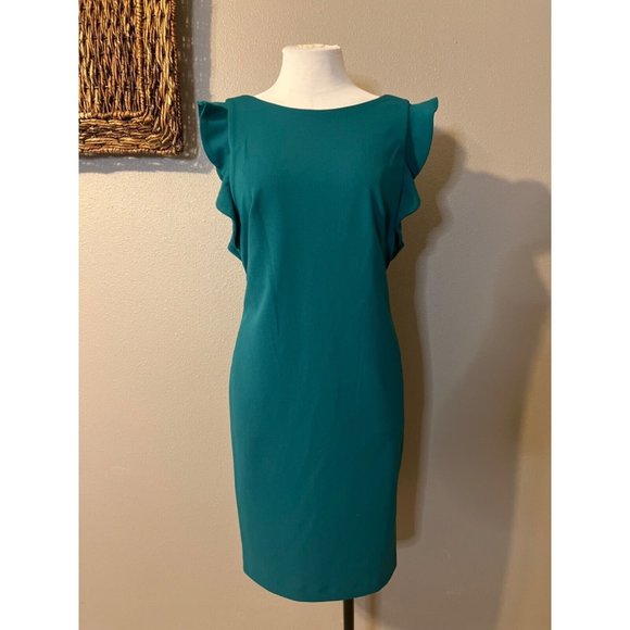 Calvin Klein Dress 10 Green Scuba Flutter Sleeve Stretch Career Church - Picture 3 of 11